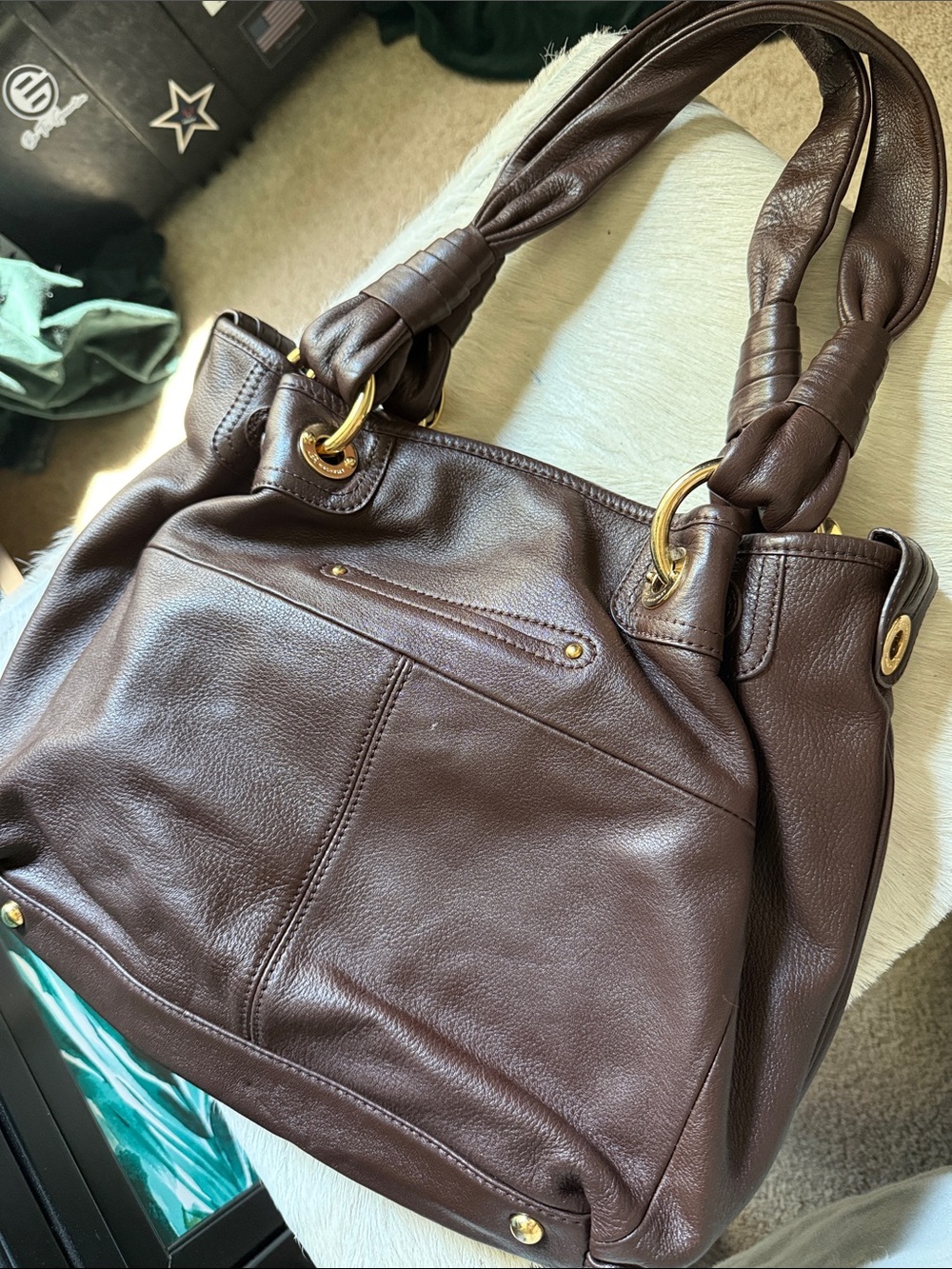 b. makowsky Dark Brown Leather Shoulder Tote with Gold Hardware - Picture 4 of 10